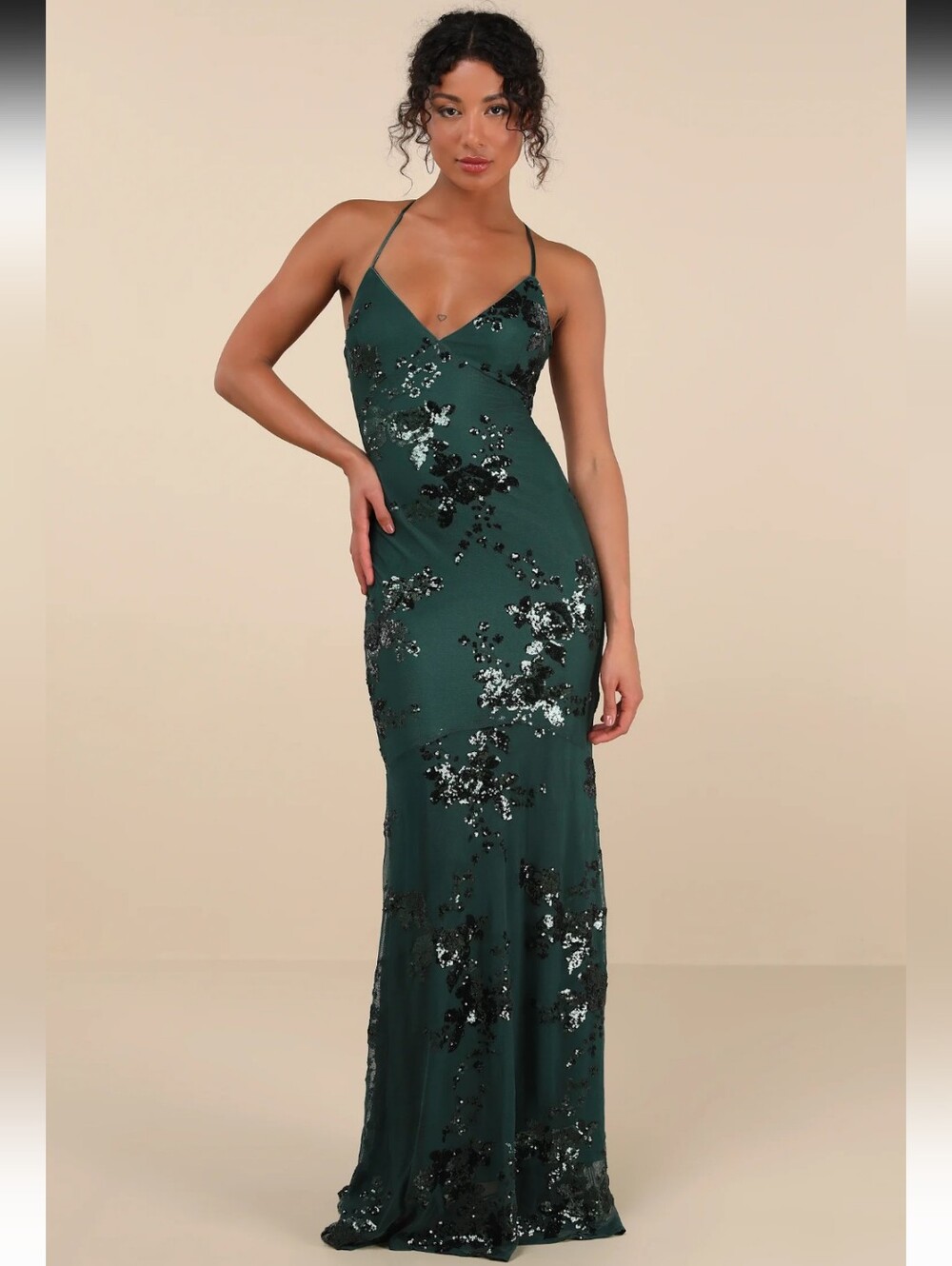 Lulus Valhalla Forest Green Sequin Lace-Up Maxi Dress